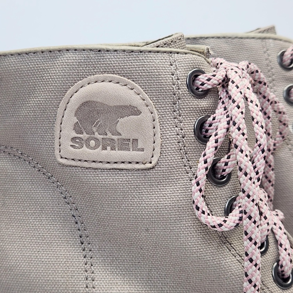 Sorel Boots Womens Size 8.5 Beige Canvas Leather Lace Up Wedge Ankle Booties - Picture 3 of 14